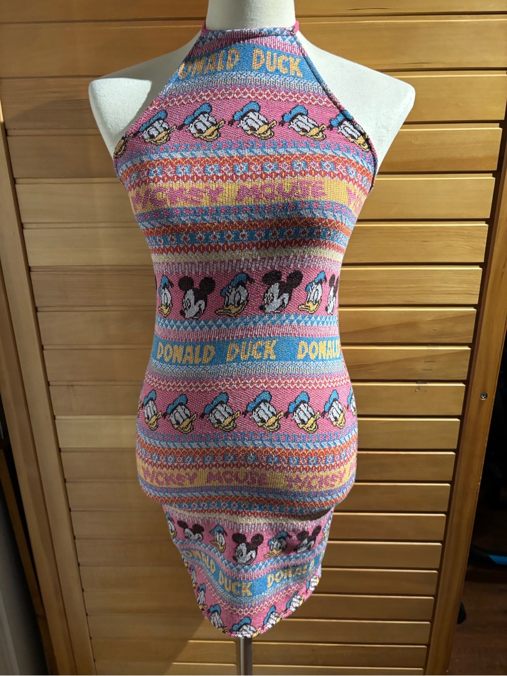 BNWT by Disney Pink Blue Yellow Donald Duck & Mickey Knit Halter Mini Dress